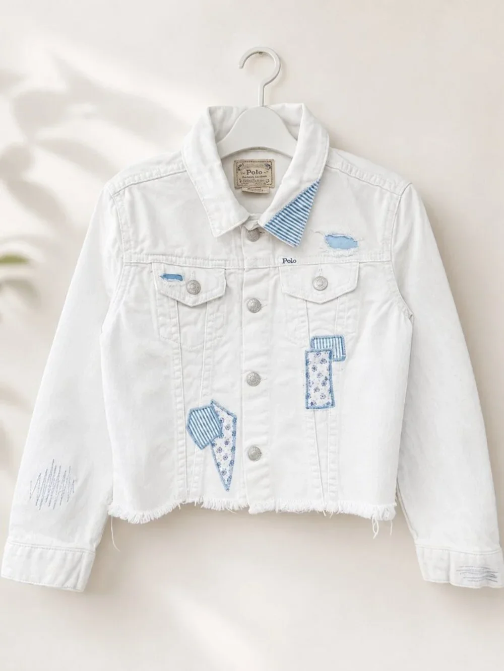 Polo Ralph Lauren Girls 6X White Denim Jacket Blue Patchwork Y2K Vintage